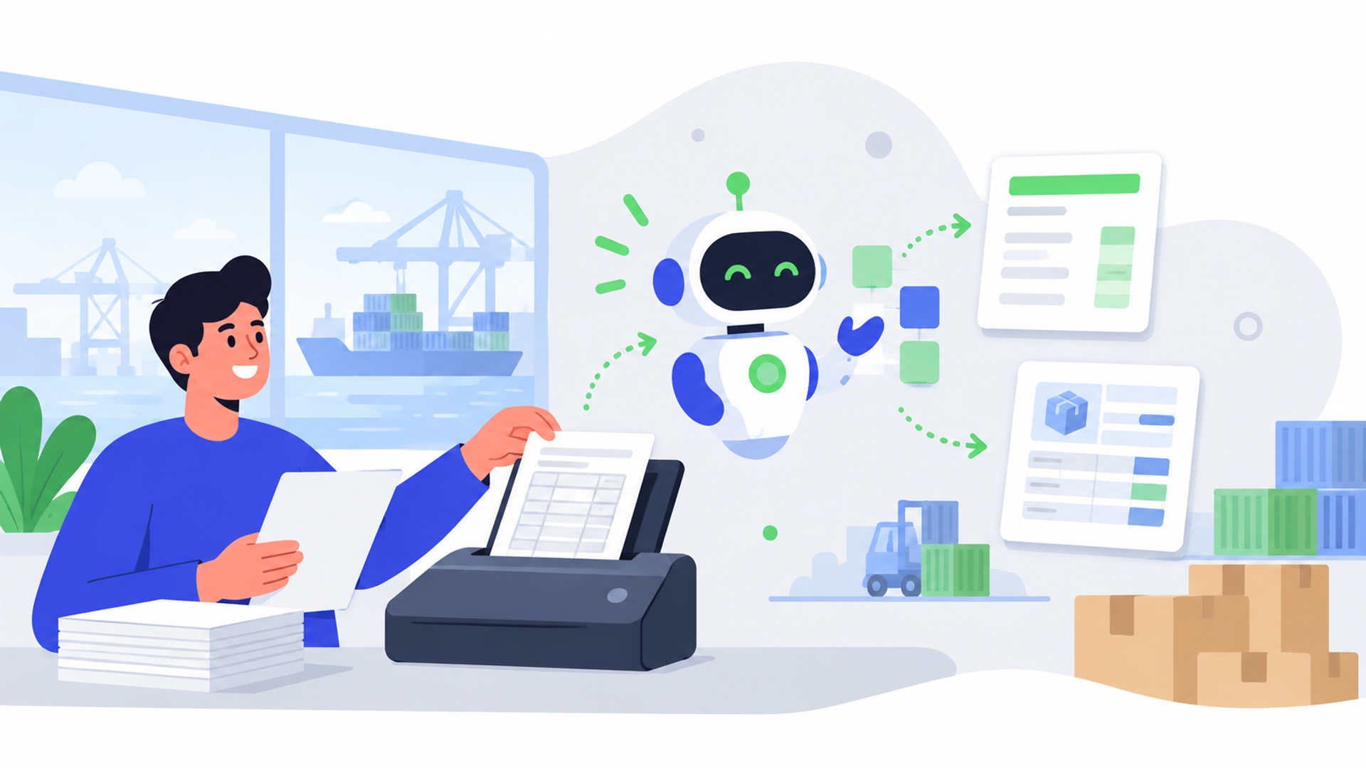 貿易実務でAIによる書類作成の自動化を検討する際の前提を表す図解イラスト