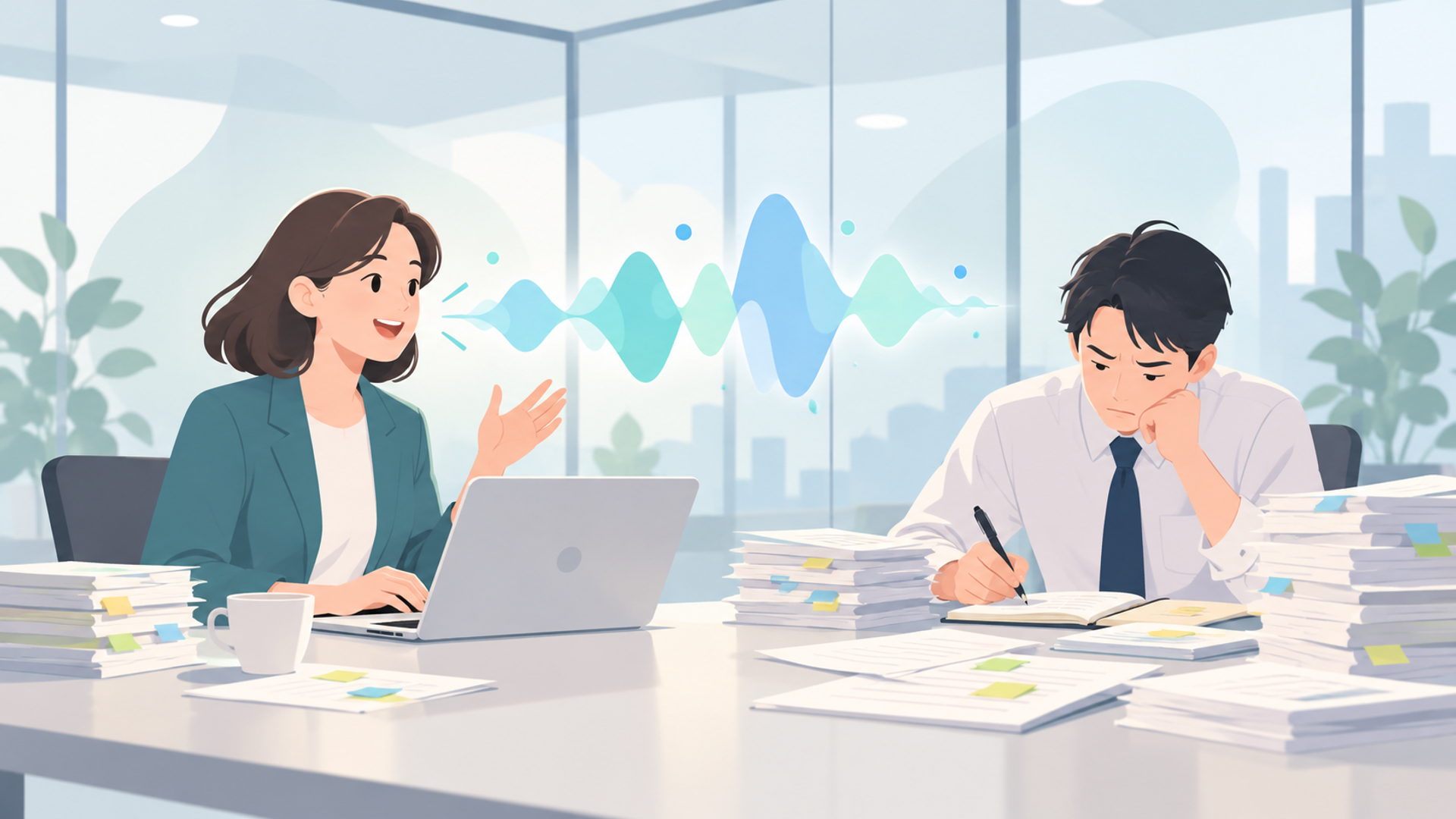 なぜ今、音声入力が注目されるのか？背景と課題を表す図解イラスト