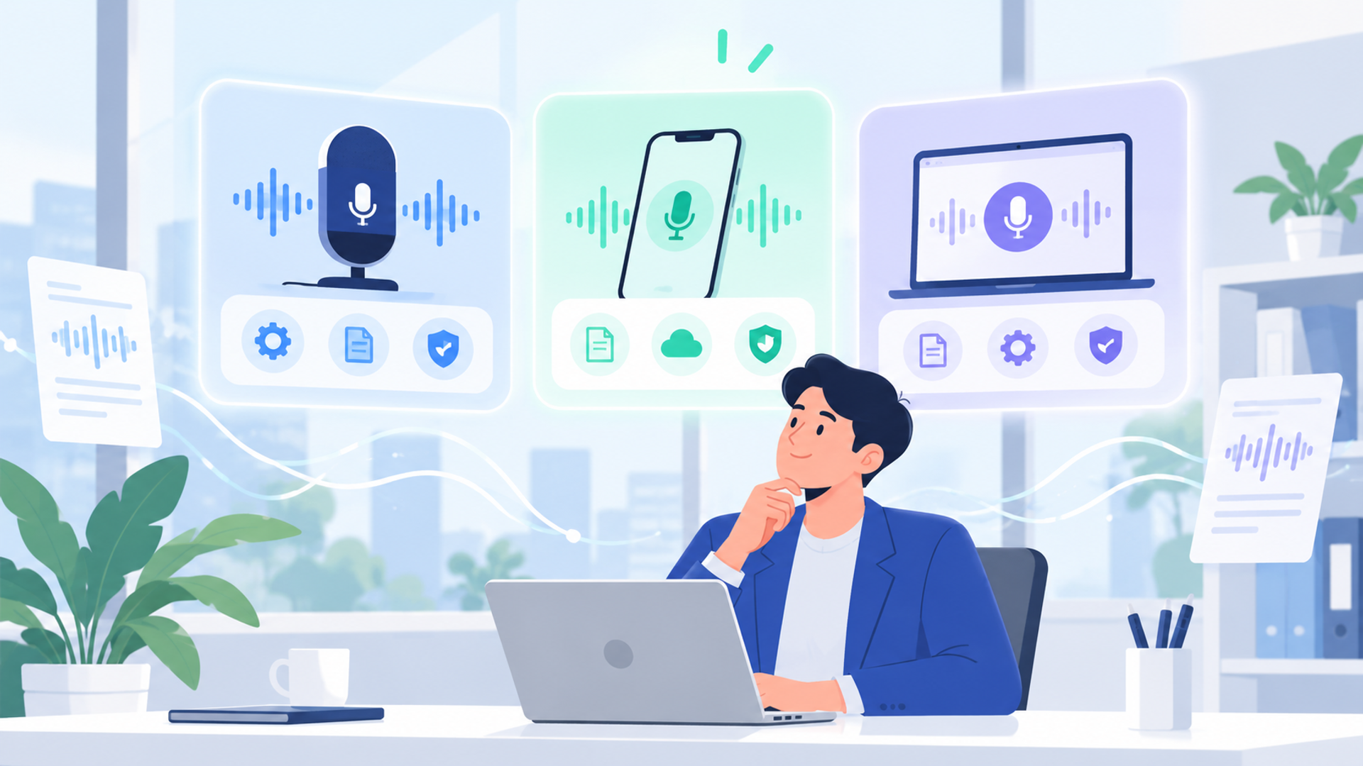 業務効率化におすすめのAI音声入力ツール3選を表す図解イラスト