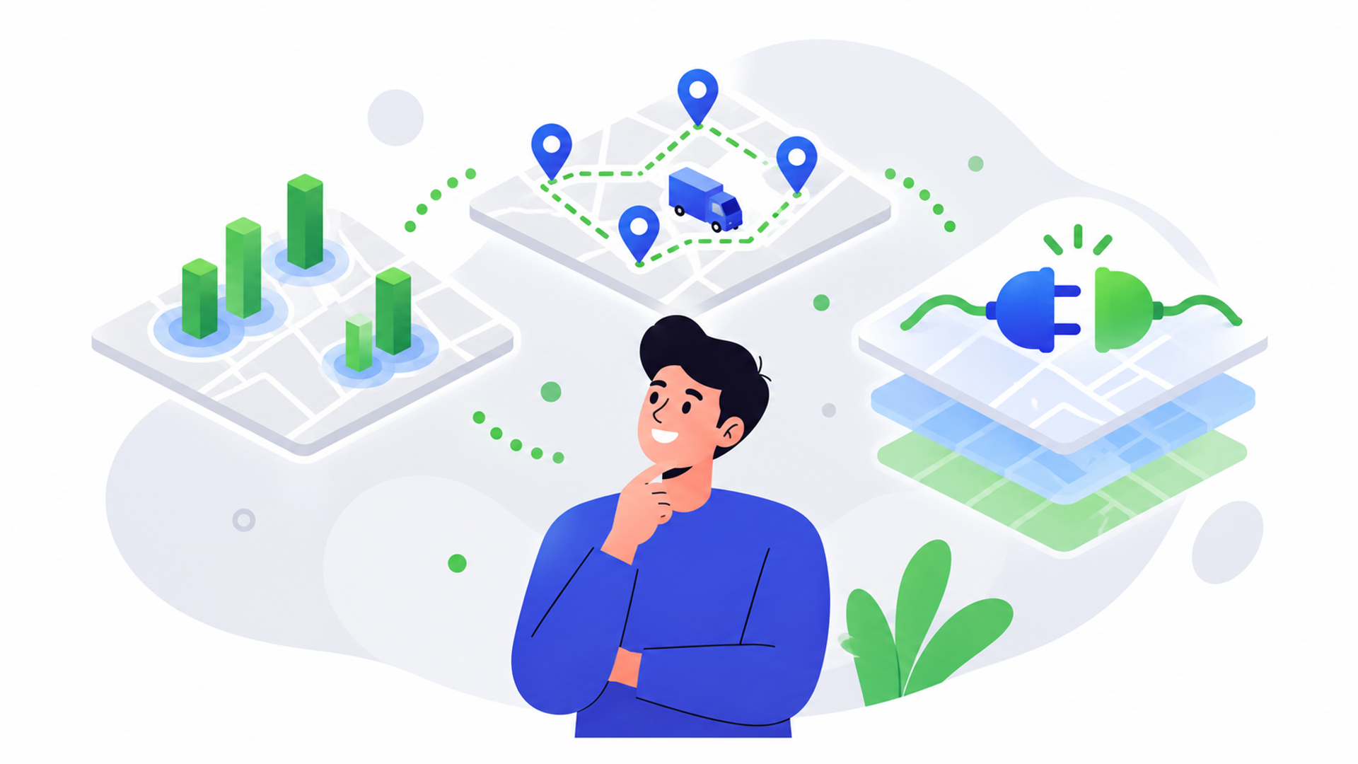 ロケーション最適化を検討する際の3つの技術要素を表す図解イラスト