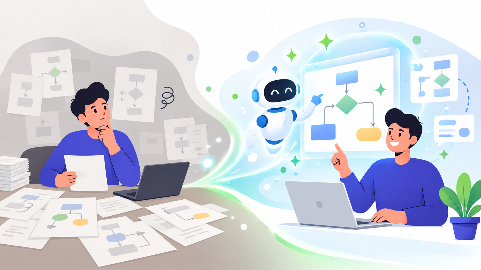 AIによる業務フロー作成の最新トレンドと従来手法との違いを表す図解イラスト