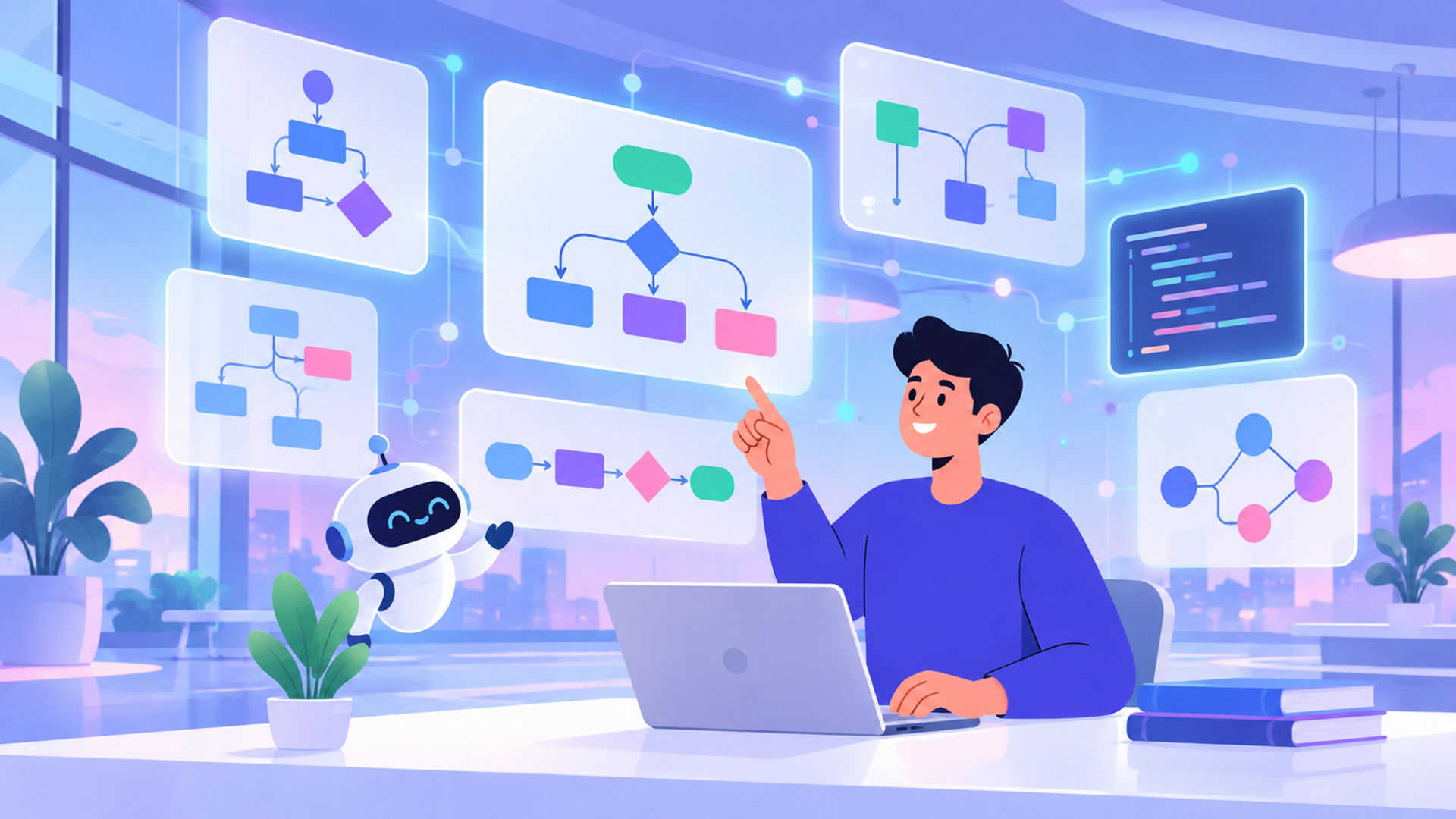 業務フローの作成におすすめのAIツール7選を表す図解イラスト