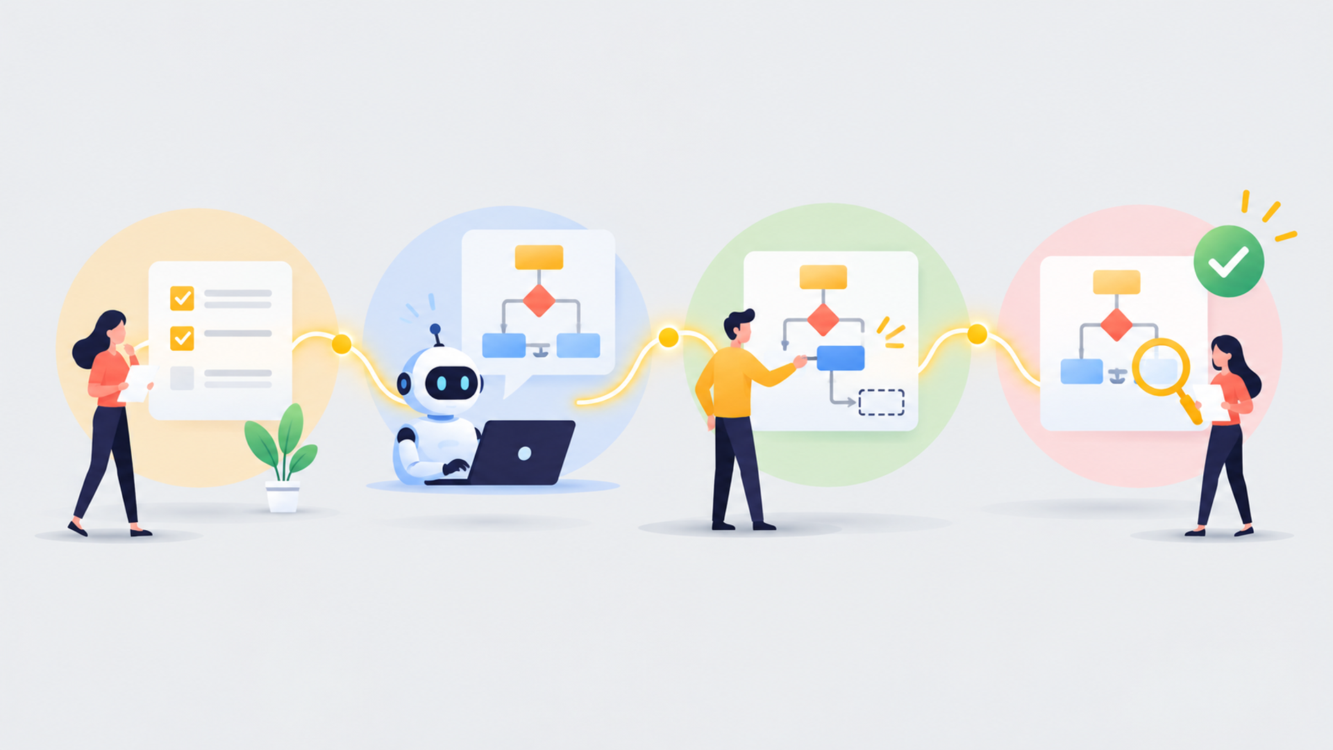 AIを活用して業務フローを作成する4つの手順を表す図解イラスト