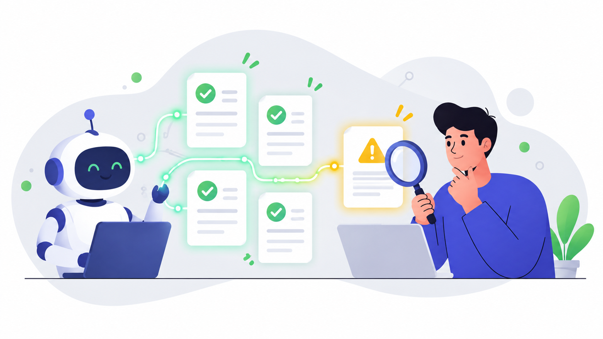 チェック業務をAIで自動化するメリットを表す図解イラスト