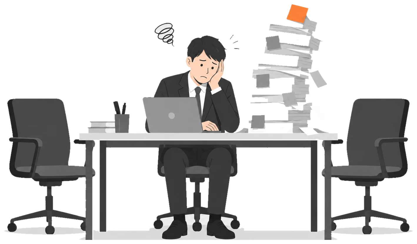 積み上がったタスクを前に、一人で抱え込む担当者