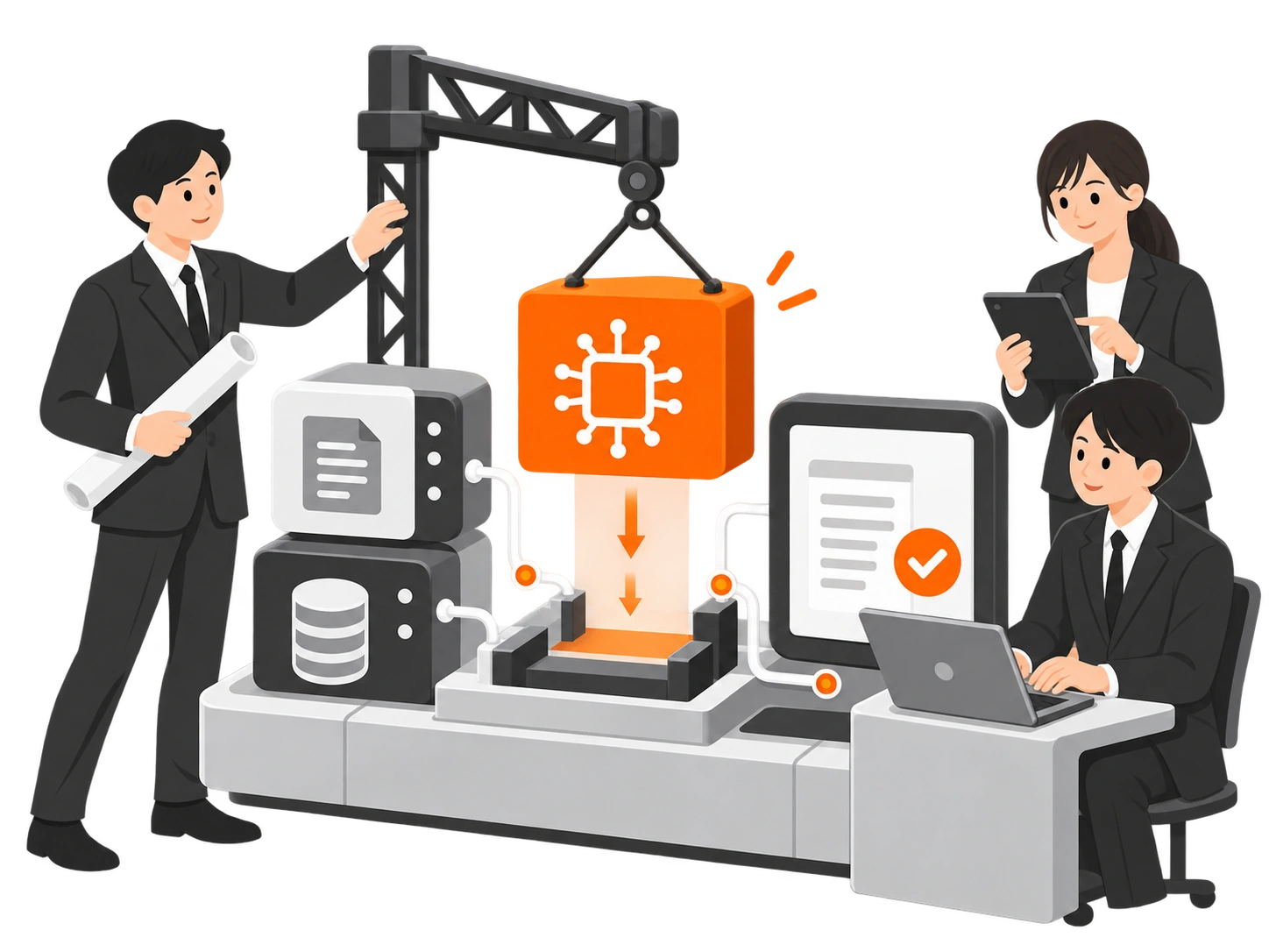 専門チームがデータ基盤とAIを組み込み、人が確認して業務が進む仕組みを構築するイラスト