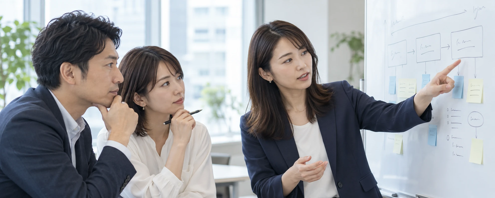 ホワイトボードで事業の目標とAI活用の優先順位・実行計画を相談するビジネスチームのイメージ