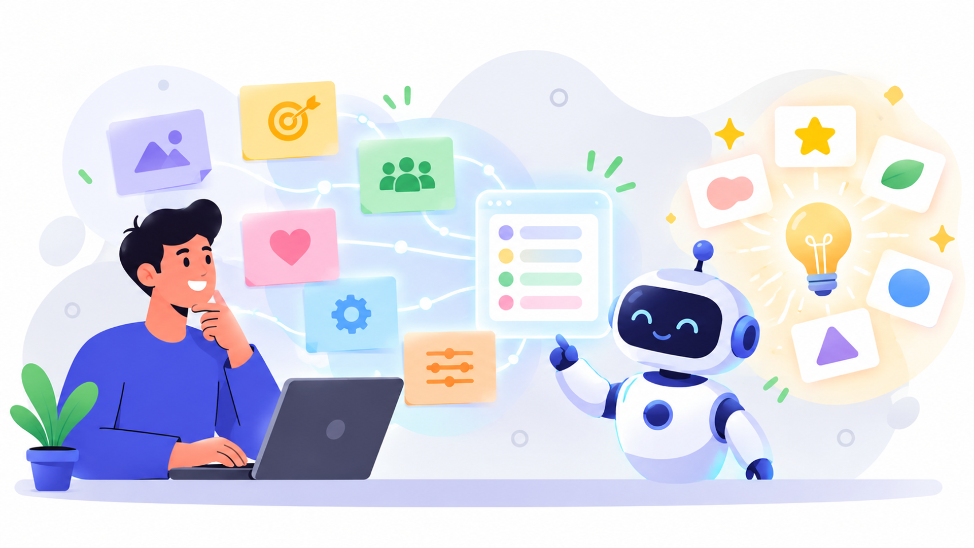 AIに適切なネーミング案を出させるプロンプトのコツを表す図解イラスト