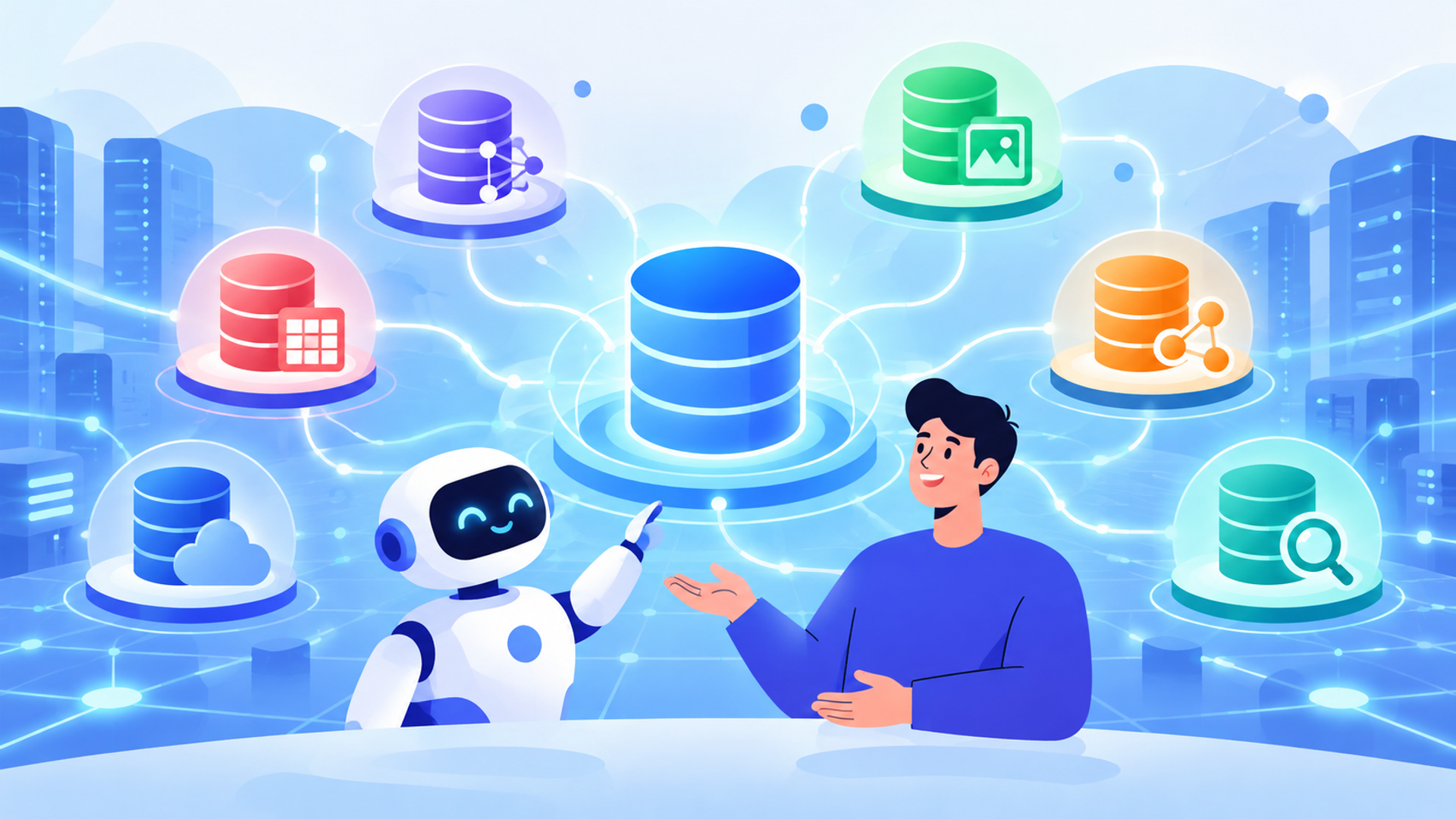 主なデータベースの種類とAIとの相性を表す図解イラスト
