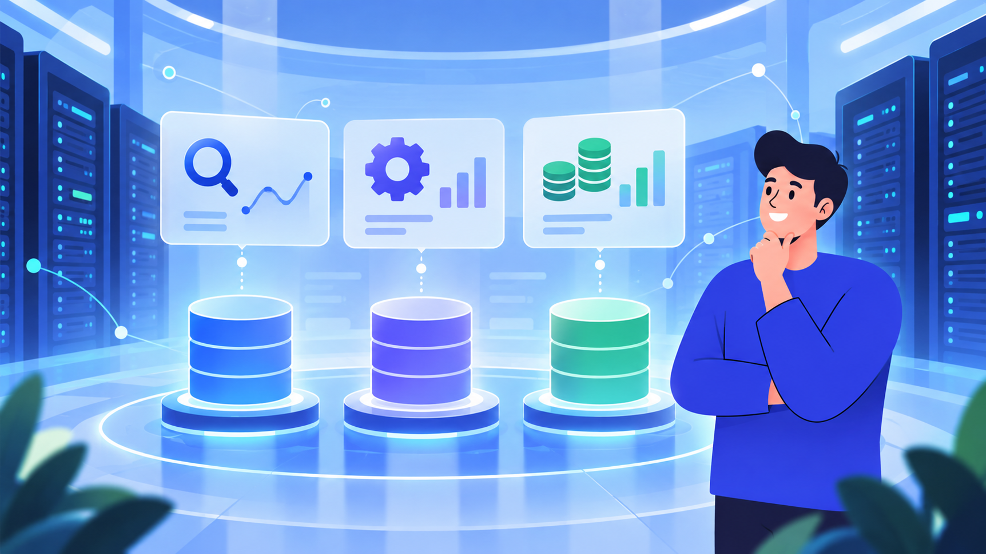 構築・運用におすすめのデータベースサービス3選を表す図解イラスト