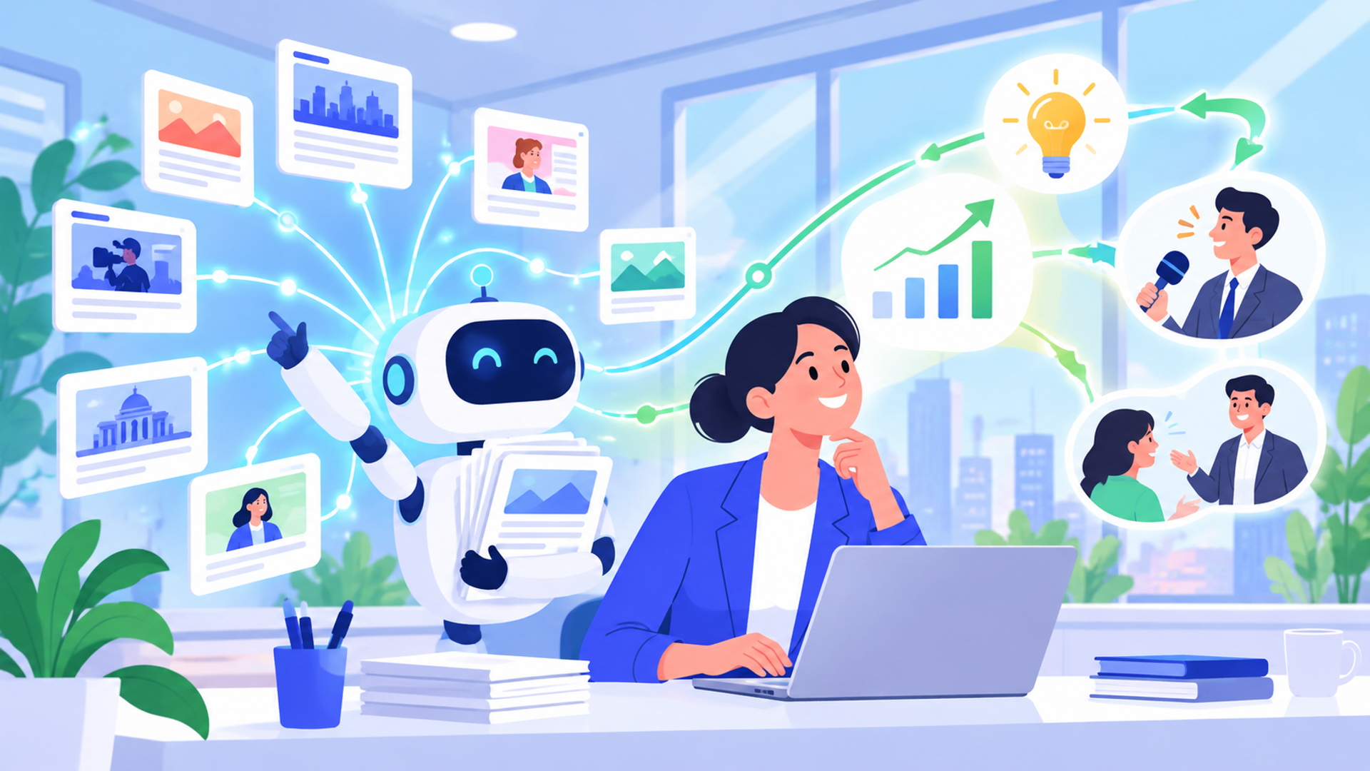 AI自動化がもたらす広報PR業務の新時代と展望を表す図解イラスト