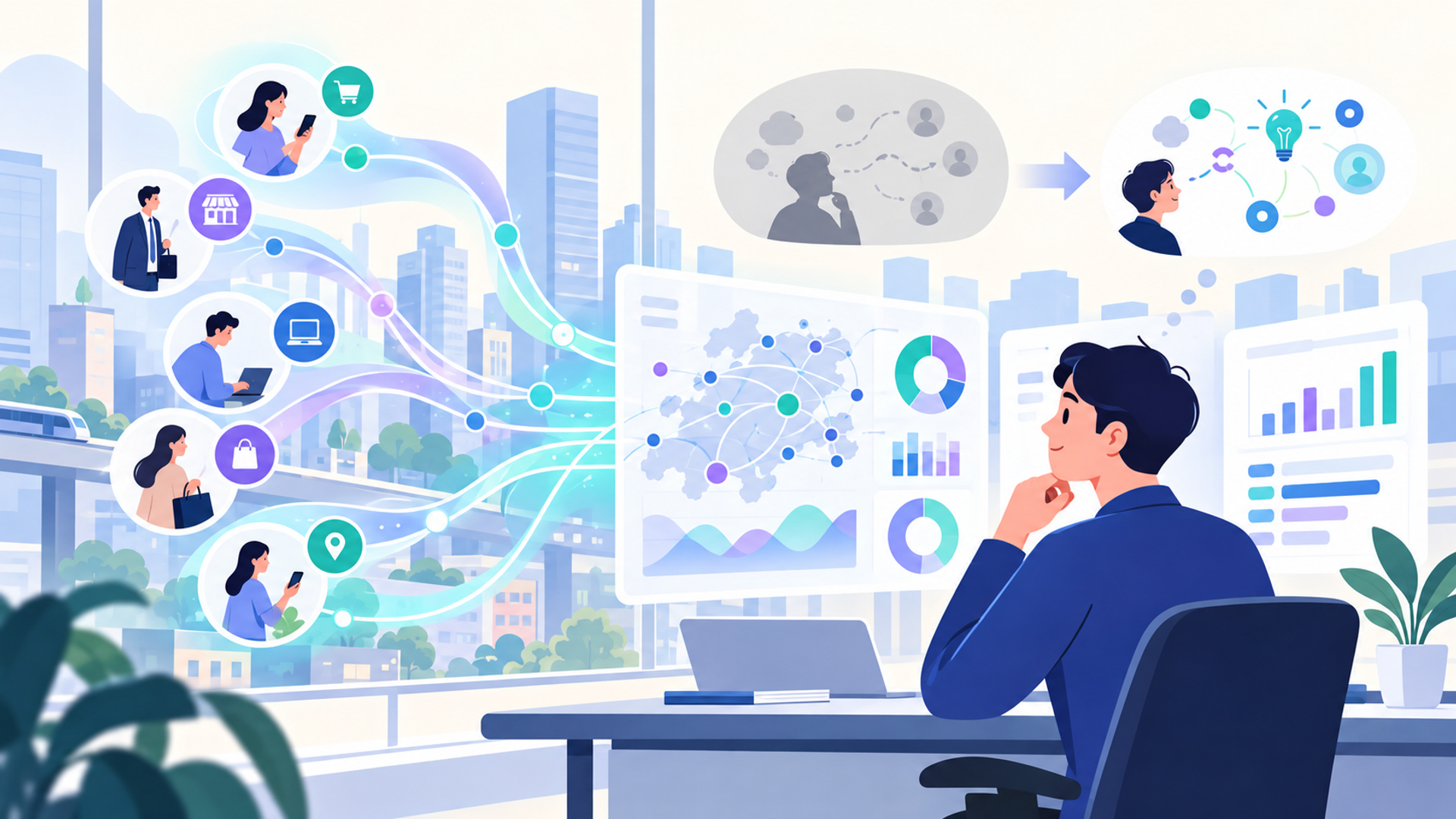 営業戦略の立案にAIが求められる背景と従来手法との違いを表す図解イラスト
