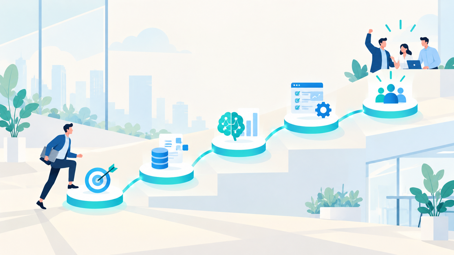 成果を出すAIを活用した営業戦略立案の進め方5ステップを表す図解イラスト