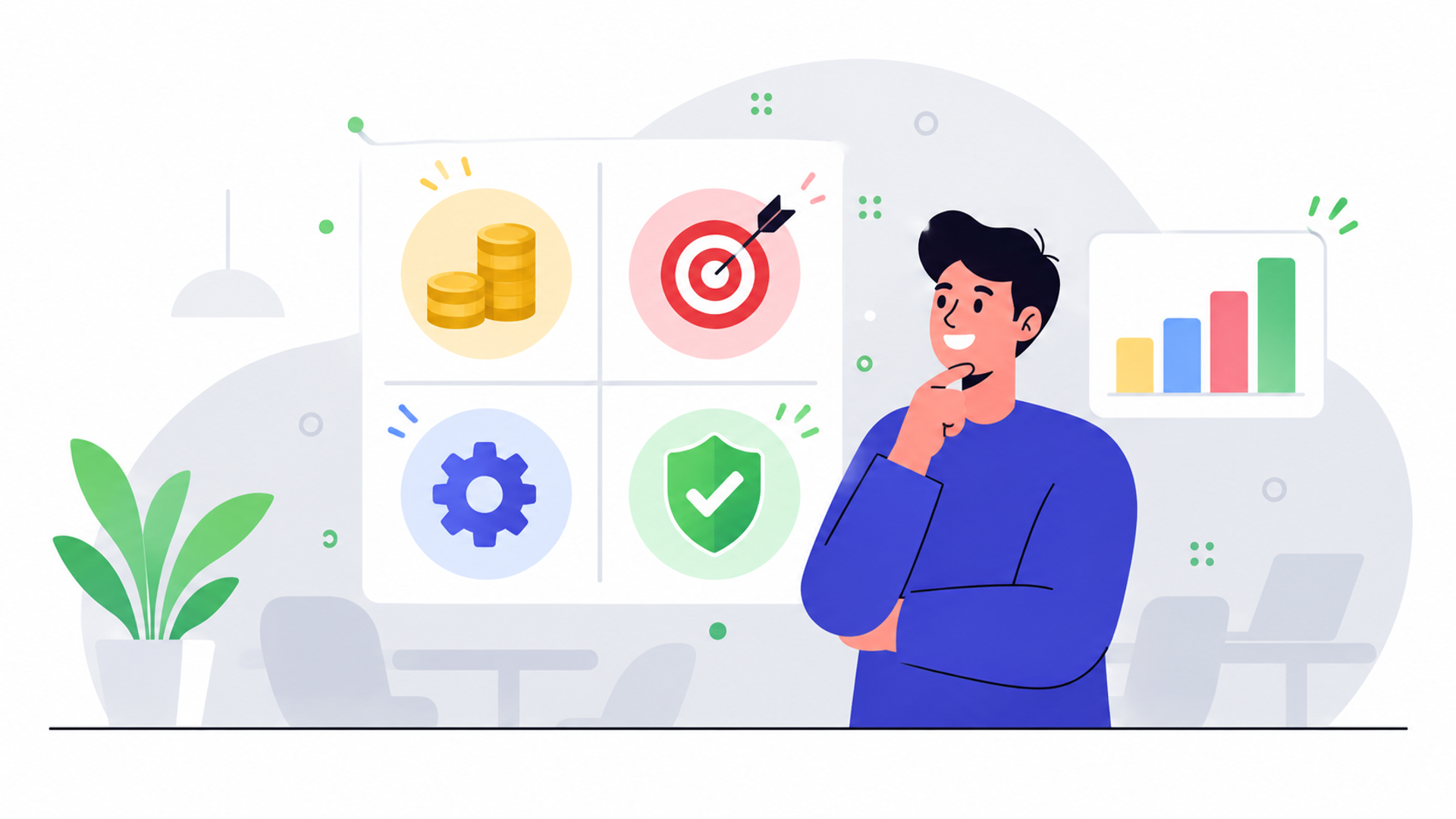 AI案件の優先順位を決める4つの主要評価基準を表す図解イラスト