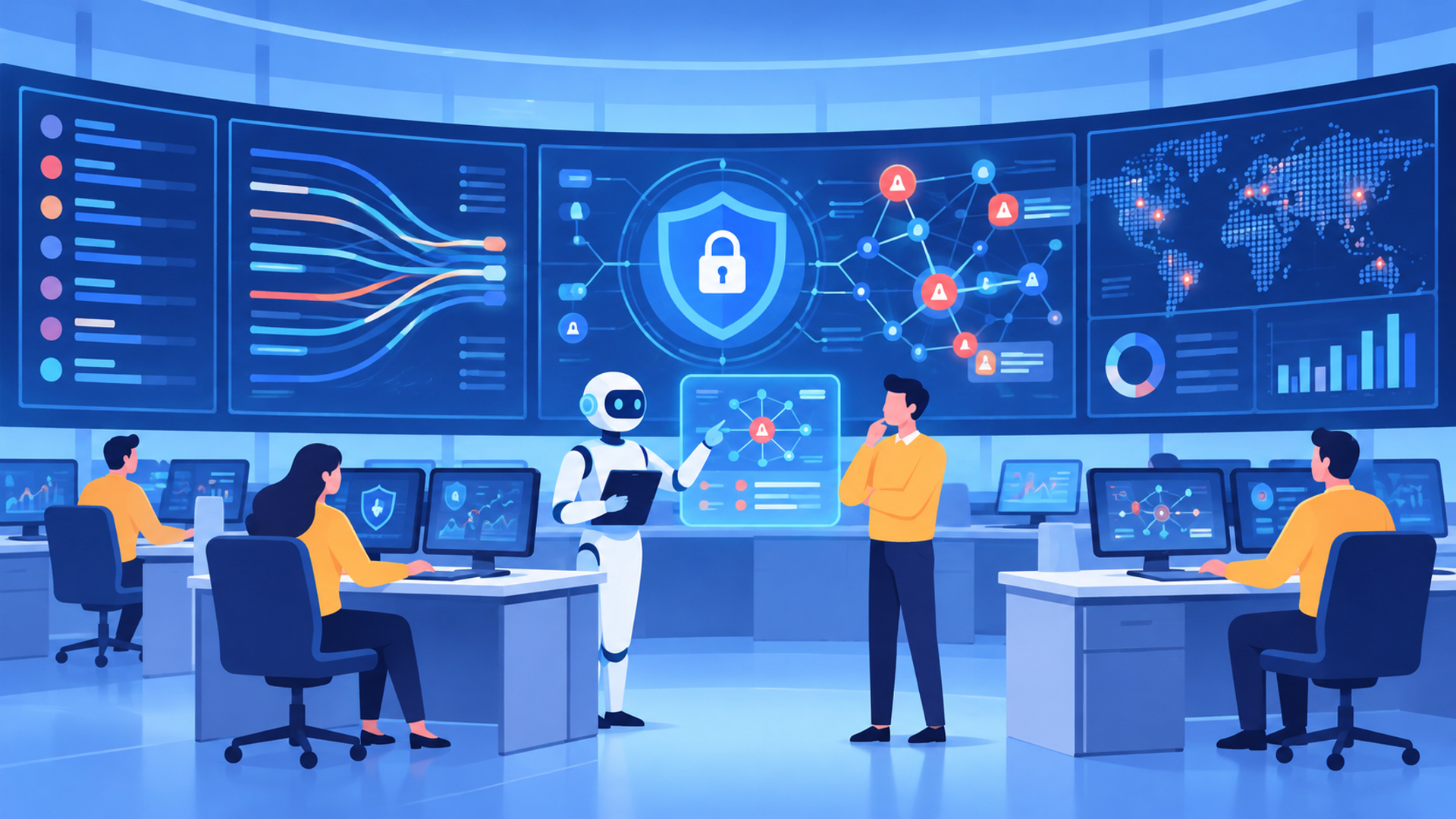 企業のセキュリティ監視におけるAI活用の成功事例を表す図解イラスト