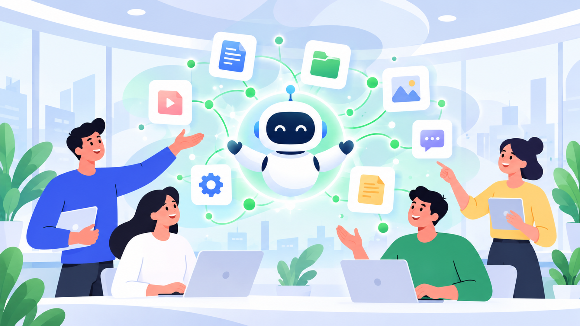 AIで属人化を防ぐ主なメリットを表す図解イラスト