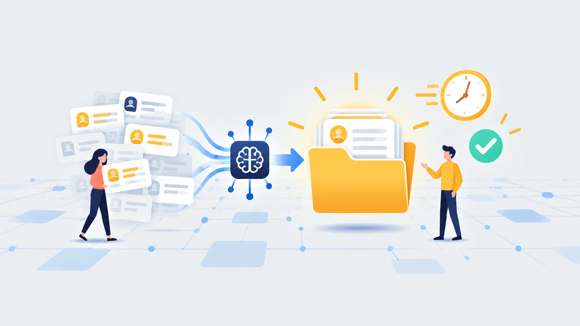 AIを活用してマスタデータ管理を効率化するメリットを表す図解イラスト