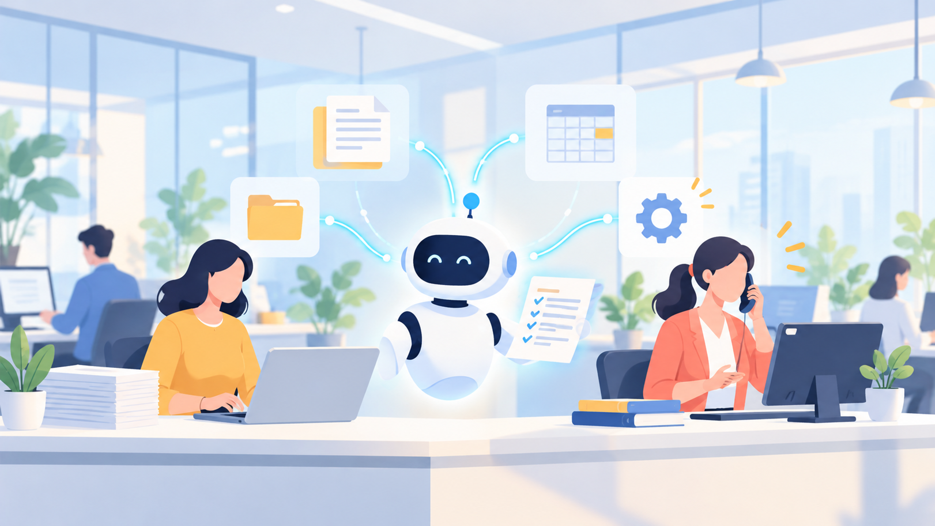 営業事務におけるAI活用の基本と期待できる効果を表す図解イラスト