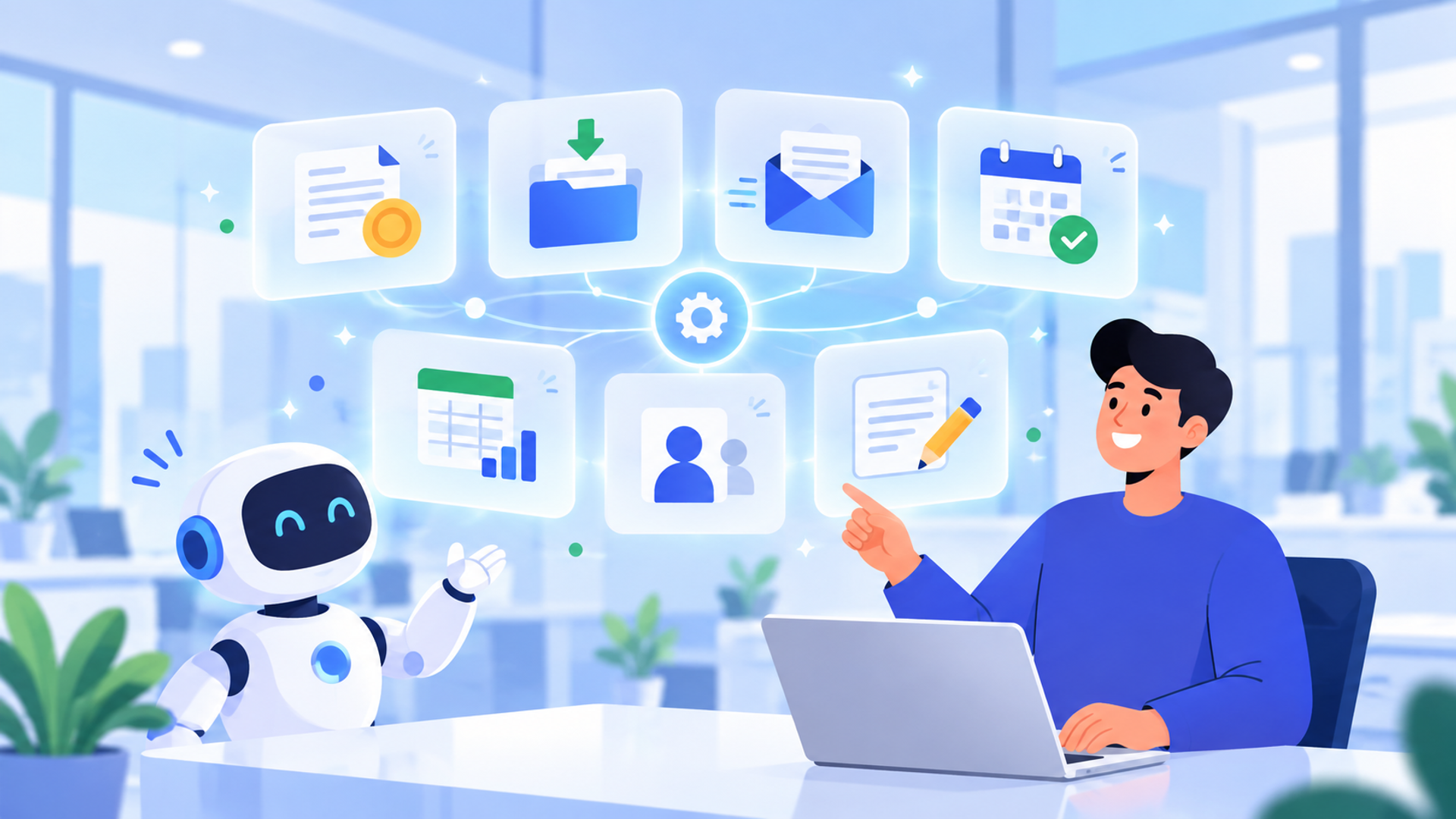 AIで自動化できる営業事務の7つの業務を表す図解イラスト