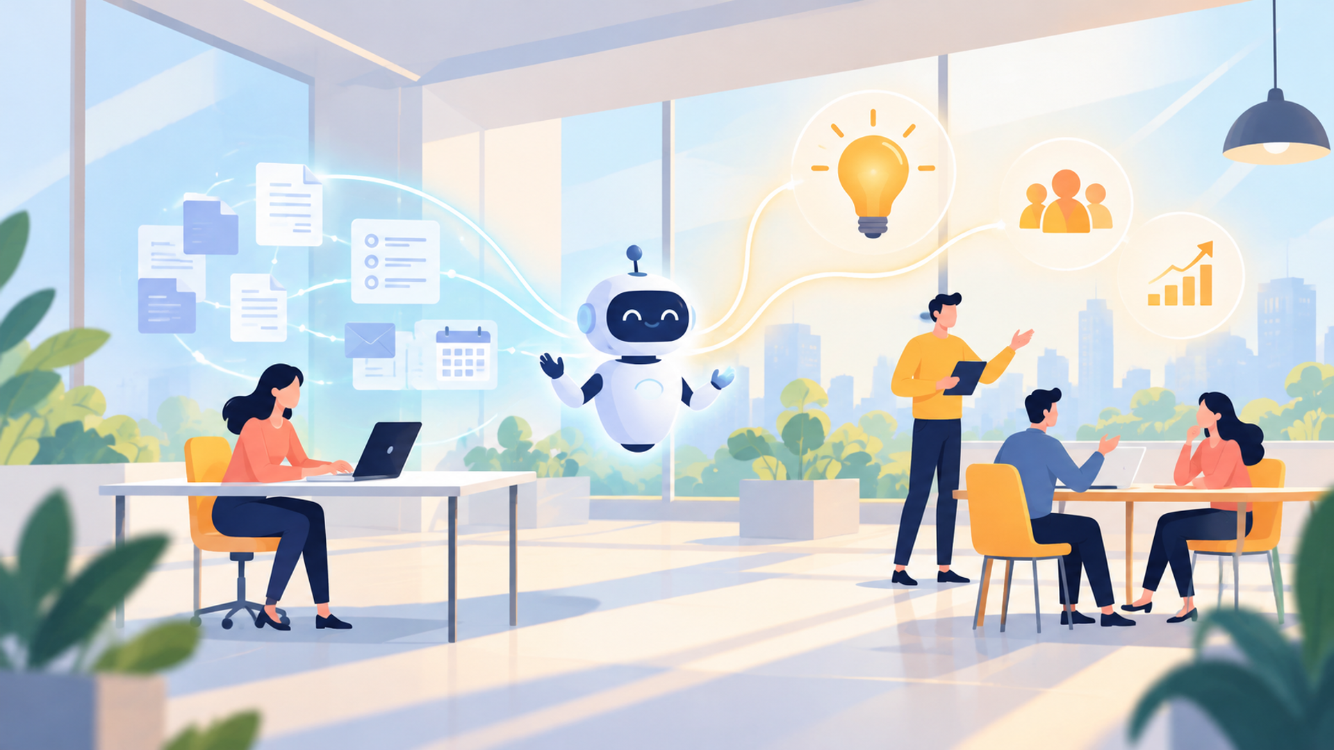 AI×人による営業事務の生産性最大化に向けたアプローチを表す図解イラスト