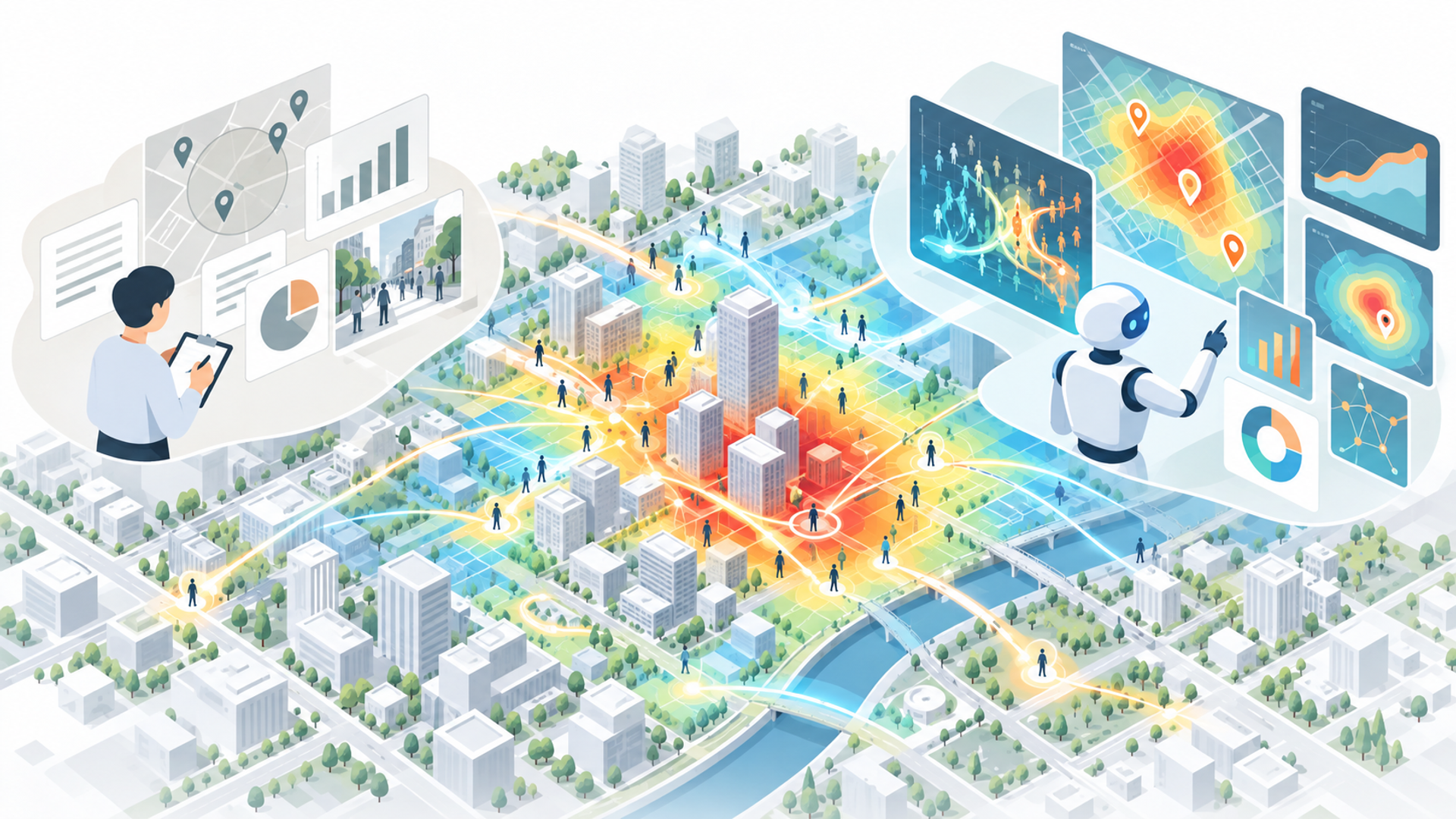 AIによる商圏分析の基礎知識と従来の分析手法との違いを表す図解イラスト