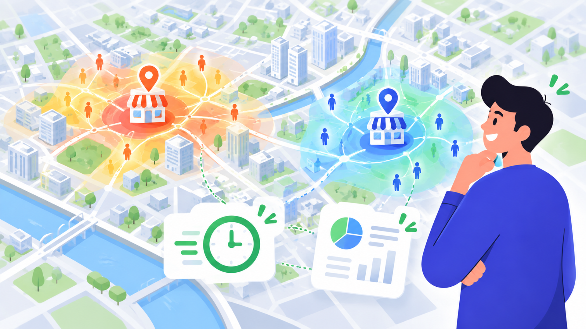 店舗開発やエリアマーケティングに導入する主なメリットを表す図解イラスト