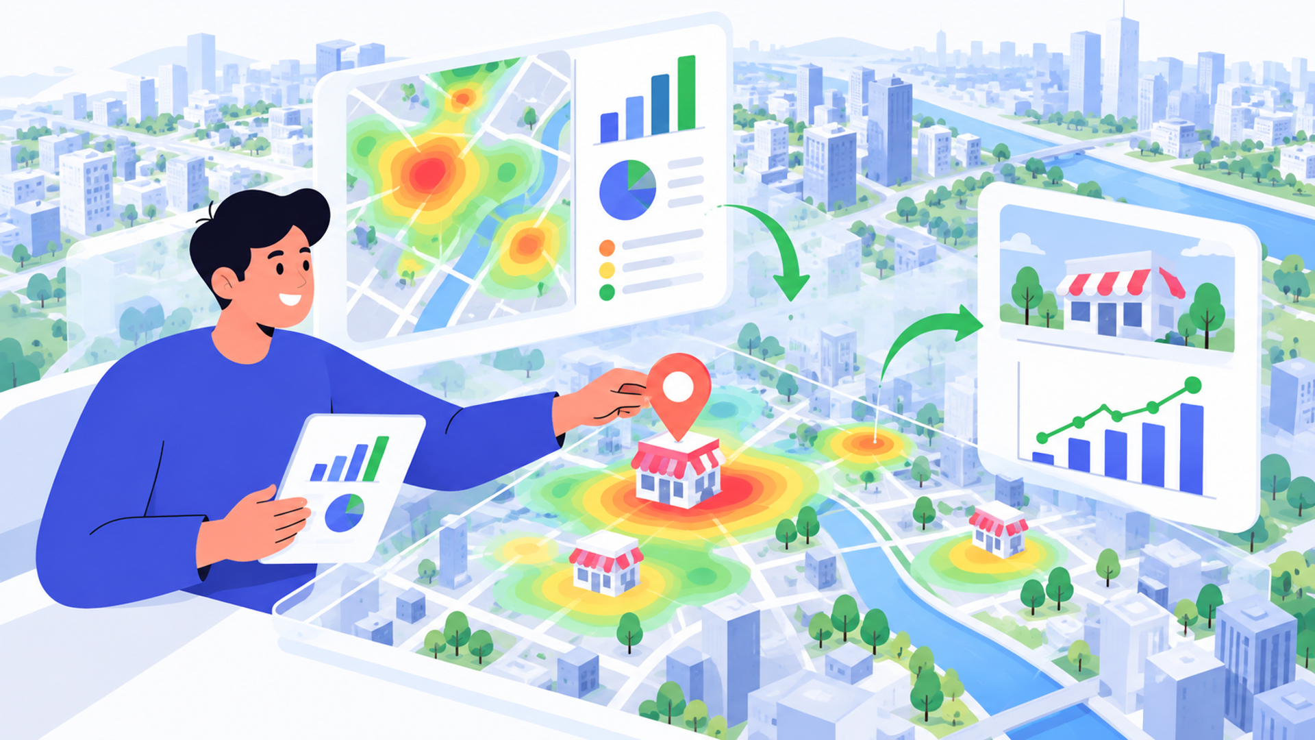 データを活かした出店戦略の実践手順を表す図解イラスト